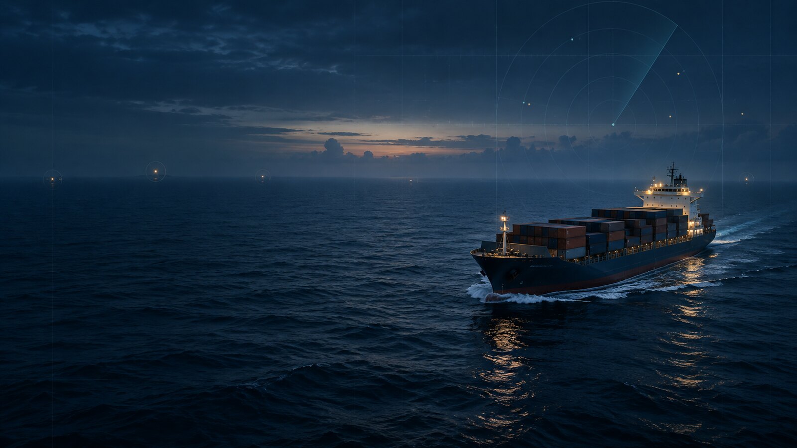 A cargo vessel under way at blue hour with a subtle coastal AIS plotting overlay