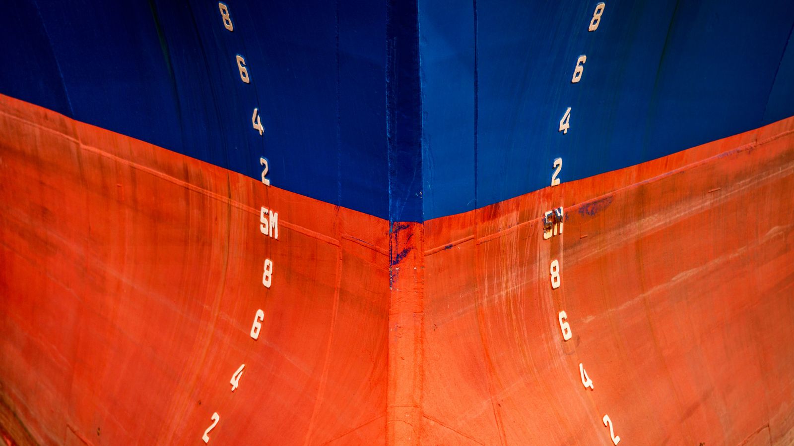 The bow and hull of a large passenger ship in port